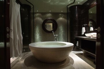 It's a bathroom and bathtub with a nice atmosphere.  generative ai