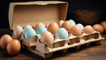 Close-up view of raw white chicken eggs in egg box on white, beige, isolated background. Easter eggs. Healthy food. 3