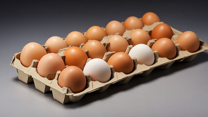 Close-up view of raw white chicken eggs in egg box on white, beige, isolated background. Easter eggs. Healthy food. 2
