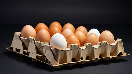 Close-up view of raw white chicken eggs in egg box on white, beige, isolated background. Easter eggs. Healthy food.