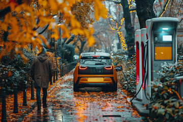 Fototapeta premium EV Car or Electric car at charging station with the power cable supply plugged in on blurred traffic jam in city with pollution background.