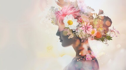 Woman with Floral Hairstyle on Soft Background - obrazy, fototapety, plakaty