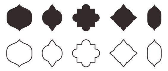 Compilation of traditional Islam window shapes. Set of Mosque Muslim frames depicted in silhouette and outline.