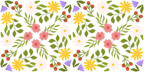 Fototapeta na wymiar Continuous design featuring floral elements. Botanical-inspired repeated pattern with white, yellow, and lilac flowers, pink cherry blossom, branch with red berries, and assorted leaves.
