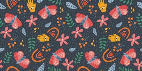 Seamless arrangement featuring a whimsical moth, flowers, and leaves, rainbows. Scandi style delicate folk repeated pattern suitable for printing on fabric, wrapping paper, and other applications.