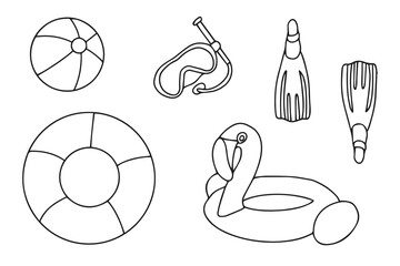 Set for relaxing on the beach. Snorkeling accessories, inflatable ball, circle. Isolated drawings in doodle style on a white background. Vector © OLiAN_ART