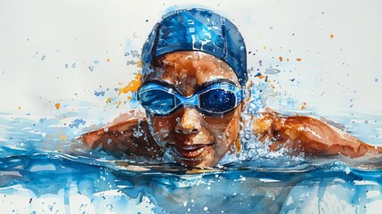 Abstract watercolor painting of a swimmer woman