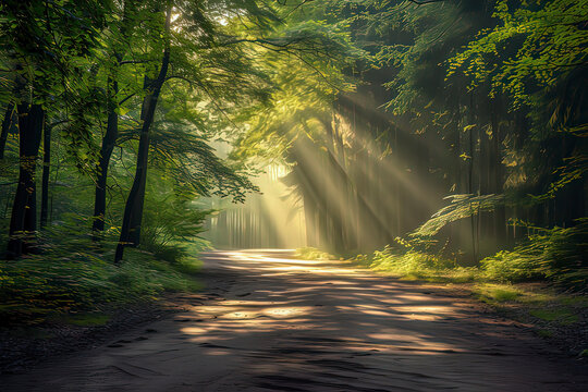 The sunlight shines on the path in the forest. AI technology generated image