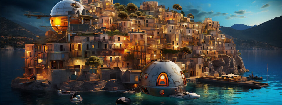 Futuristic Mediterranean Village on Rocky Coast with Flying Cars and Boats