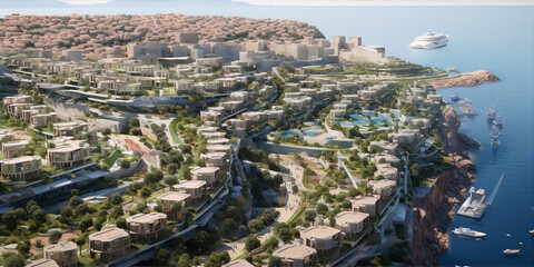 Fototapeta premium Futuristic city on a cliff with a beach, surrounded by the ocean in a 3D rendering.