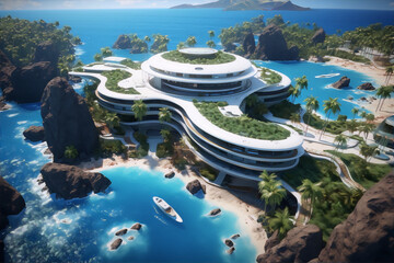 Futuristic luxury villa with pools and tropical vegetation - obrazy, fototapety, plakaty