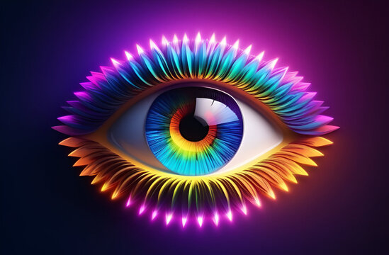 Rainbow eye 3d icon  on a gradient background.   element of graphic design for banner, poster.  Retro psychedelic minimalistic abstract icon, 70s, 80s vintage style.