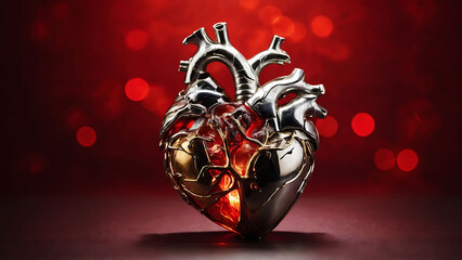 Human heart made of metal tubes and other elements with blink red background