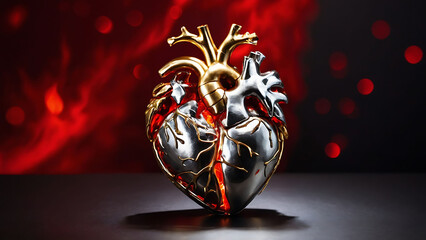 Human heart made of metal tubes and other elements with blink red background