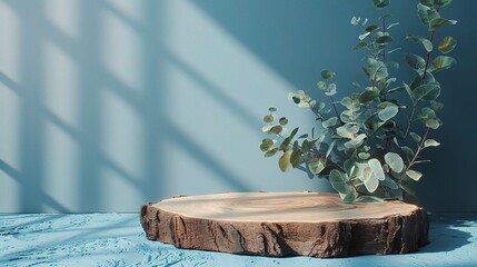 Abstract empty Wood slice podium with eucalyptus leaves and shadows on blue background. Mock up stand for product presentation