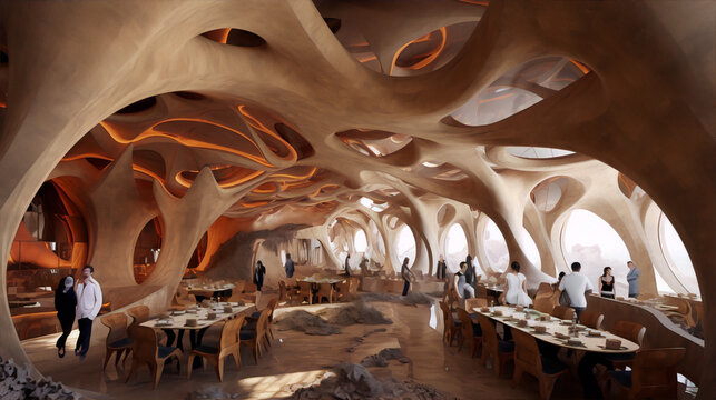 Futuristic restaurant interior with organic architecture and warm lighting