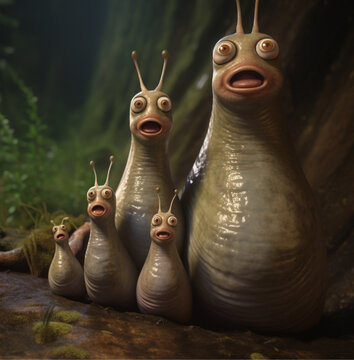 A photorealistic image of a family of slugs 