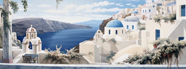 Greece Santorini island buildings and blue domes with sea and mountain landscape in realistic painting
