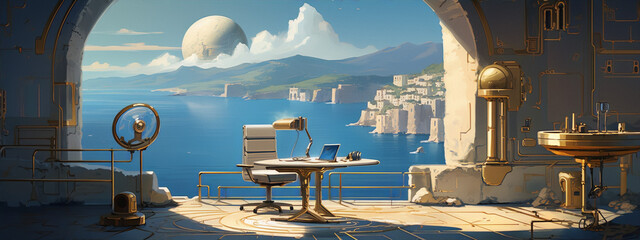 Futuristic home office with a view of the Mediterranean Sea, digital art. - obrazy, fototapety, plakaty