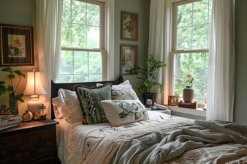 Cozy bedroom with plants and morning light. A well-lit, inviting bedroom with wooden furniture, green houseplants, and warm morning sunlight streaming in through the bay windows
