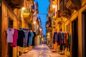 Clotheslines between buildings in a narrow street in an Italian town at night - obrazy, fototapety, plakaty