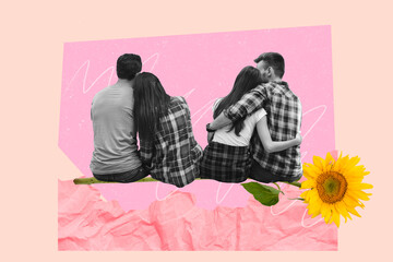 Trend artwork sketch composite 3D photo collage of two hugs couples sit on huge sunflower 8 march spring season celebration date