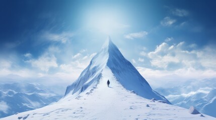 A person is climbing the snowy mountain against blue sky background
 - obrazy, fototapety, plakaty
