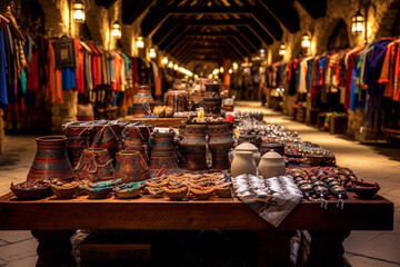 Colorful and intricate Middle Eastern style pottery and glassware in a dimly lit bazaar. - obrazy, fototapety, plakaty