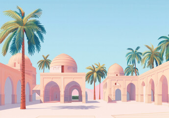 Fototapeta na wymiar Illustration of a beautiful mosque, islamic concept, palm tree