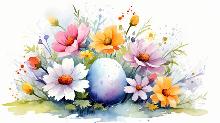 Obraz na płótnie Canvas A delicate watercolor painting of a single Easter egg surrounded by a vibrant array of spring flowers, depicting a festive and fresh holiday spirit.