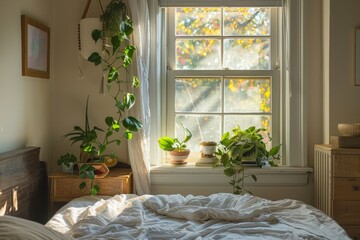 Cozy bedroom with plants and morning light. A well-lit, inviting bedroom with wooden furniture, green houseplants, and warm morning sunlight streaming in through the bay windows