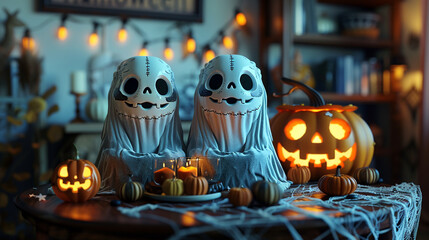 Halloween pumpkin and skull ghost
