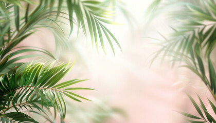 Fototapeta na wymiar Beautiful summer background of exotic palm leaves in tropical forest under sunlight. Copy space for text.