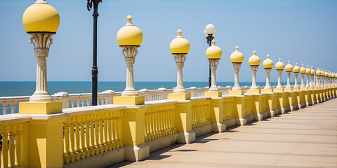Yellow lamps and balusters of the promenade along the seafront - obrazy, fototapety, plakaty