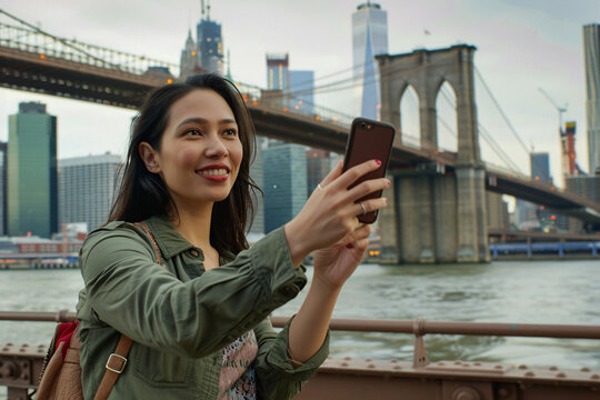 Woman takes a photo of the skyline in the American city.