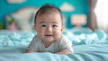 Closeup baby newborn Asian boy portrait. Happy Chinese infant on bed on bedroom interior background. Happy smiley baby face. Healthy cute little Chinese kid in children room. Banner