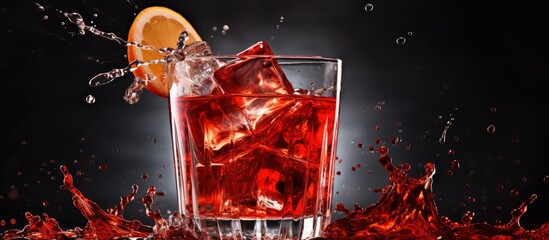 A glass of red liquid with ice cubes and a slice of orange, the perfect refreshing drink for a hot summer day at an outdoor event or gathering