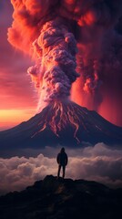 A man watching an erupting volcano. Volcano eruption with smoke and lava. Vertical orientation - obrazy, fototapety, plakaty