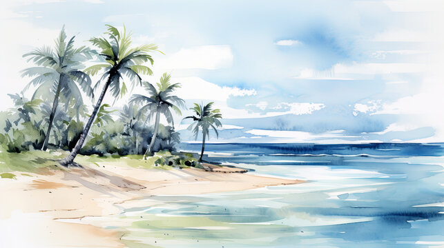 Watercolor painting of a peaceful beach with palm trees and a distant cityscape, capturing the essence of relaxation, ideal for travel and leisure-themed designs and decor.