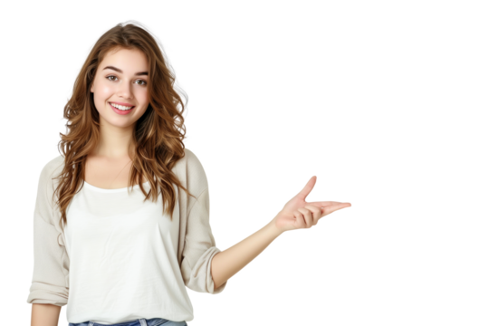 30's woman with introduce gesture