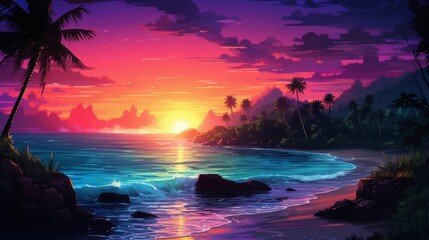 Colorful sunset on tropical beach. Beautiful colorful island with sunset. vivid sunset with gradient - obrazy, fototapety, plakaty
