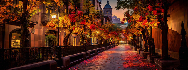 Fototapeta na wymiar City street with colorful autumn trees and fallen leaves in the evening