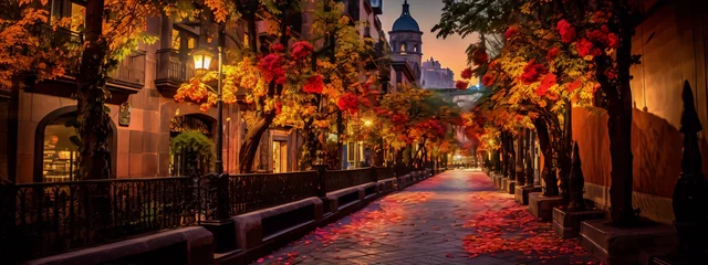 Fotobehang City street with colorful autumn trees and fallen leaves in the evening © AaliAmin