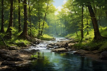 Crystal-clear Forest river. Water flow scenery. Generate Ai