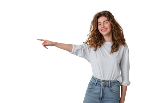 30's woman with introduce gesture