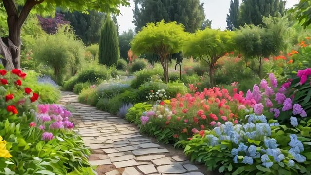 Narrow pathway in a garden surrounded by a lot of colorful flowers
