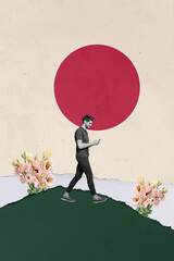 Vertical image collage of young guy go hold phone type choose flowers online delivery eustoma hill...