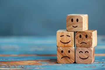 world mental health day concept or feedback rating and positive customer review, wood cube stacking with emotion face icon on blue background