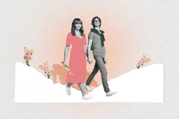 Full length body size collage of nice cheerful couple hold hands date walk nerd eustoma bouquet...