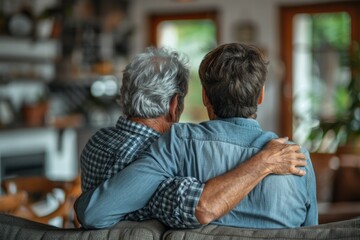 Rear view of son and elderly father sitting together at home. Son caring for his father, putting hand on his shoulder, comforting and consoling him. Family love, bonding, care and confidence